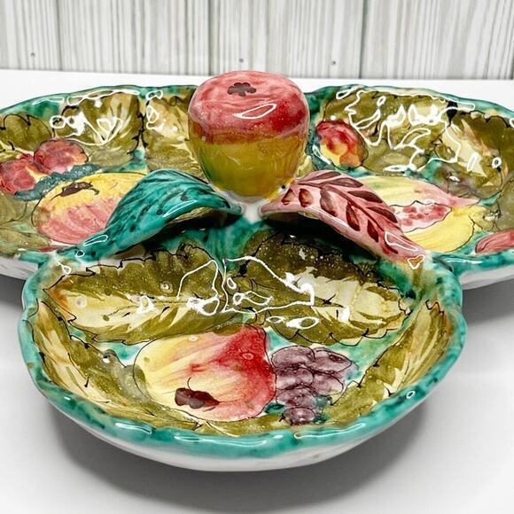 Vintage Italian Hand Painted Pottery Majolica Fruits Leaves Divided Serving Dish - Picture 4 of 13